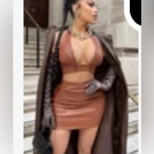 Live More Faux Leather Skirt Set - Cognac